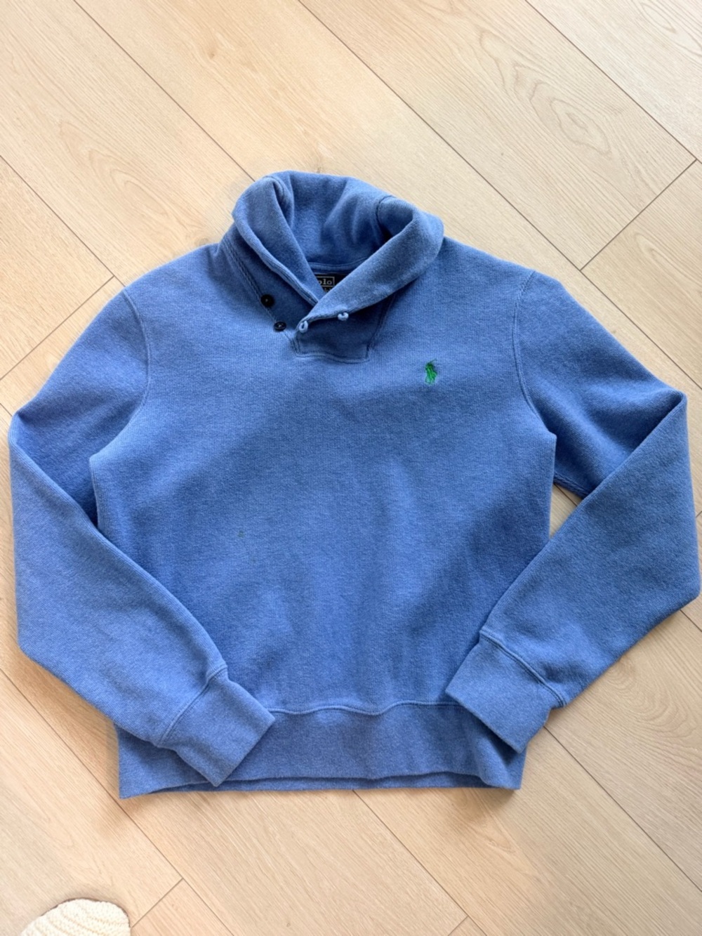 Polo by Ralph Lauren Blue Shawl-Collar Sweatshirt with Green Logo